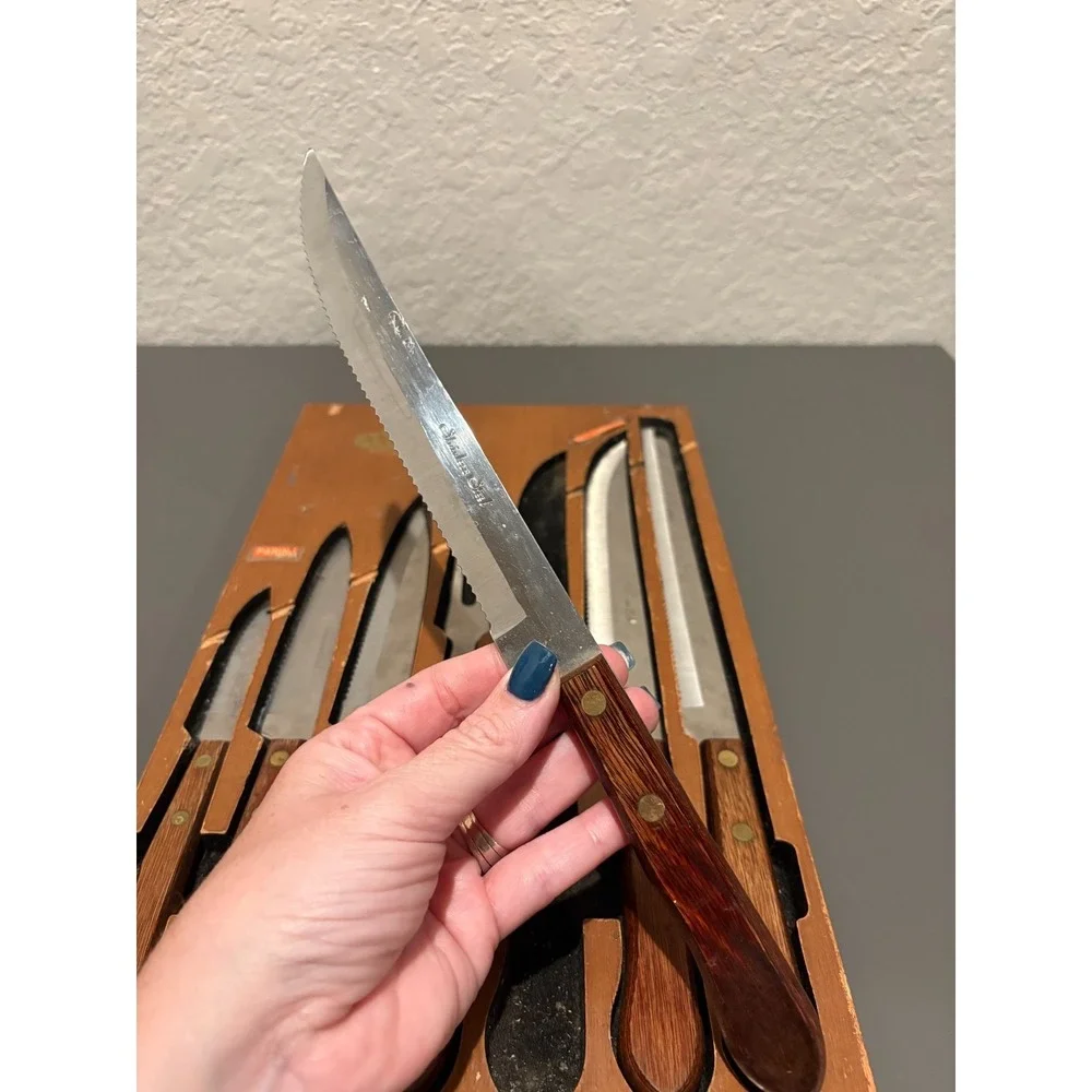 VTG Forgecraft Olde Forge 7pc Knife & Meat Fork Set w/ Wood Wall Holder USA Made